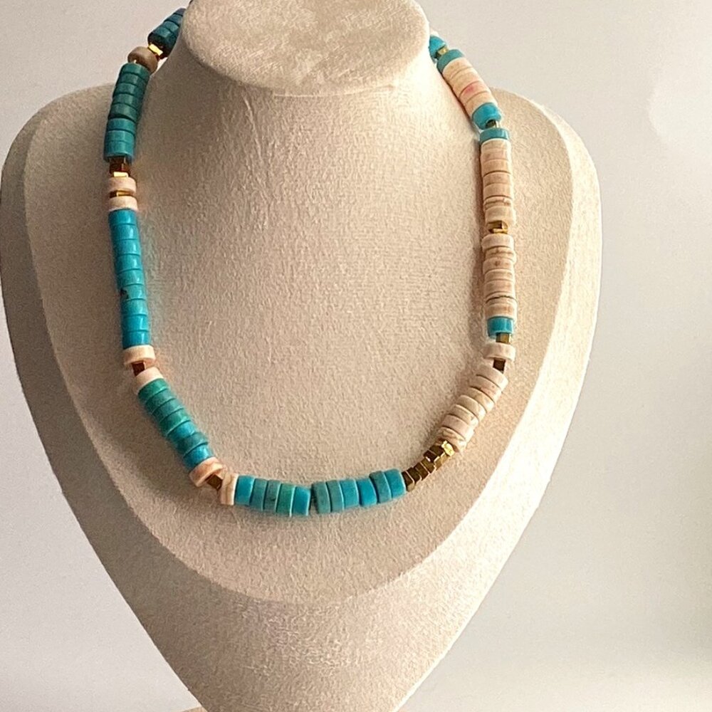 ✨ Mama Helen’s Handmade Turquoise & Off-White Rondelle Necklace – Gold Hematite